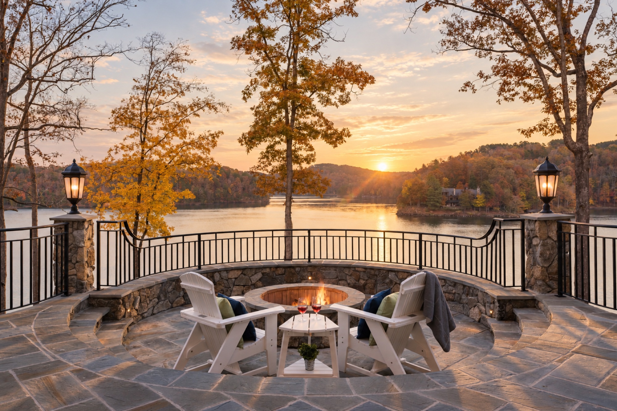 Fire pit and lounge chairs on a stone terrace overlooking a lake at sunset